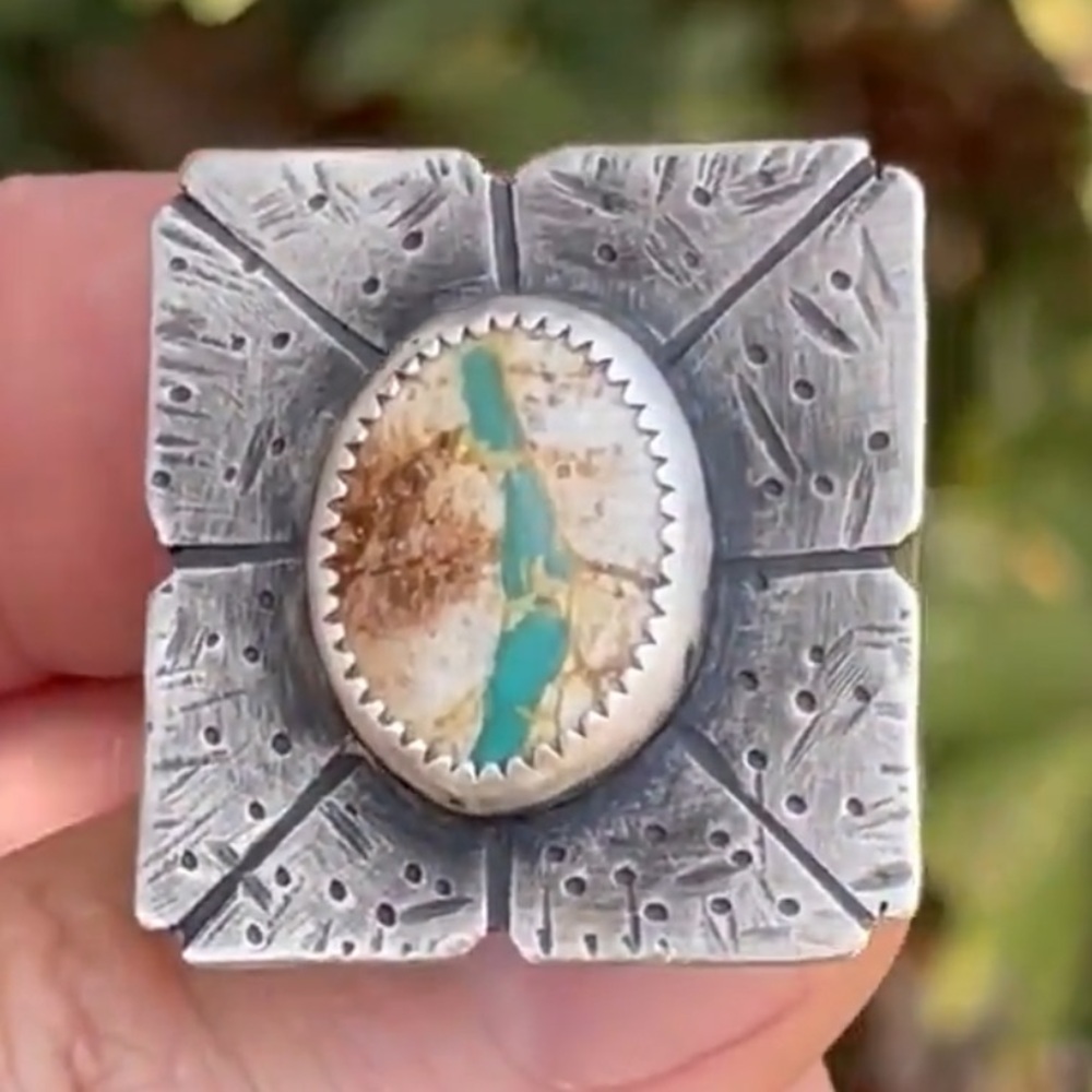 🏜️ OOAK Turquoise and Silver Clover Wide Band Ring 8.75 Genuine Authentic
